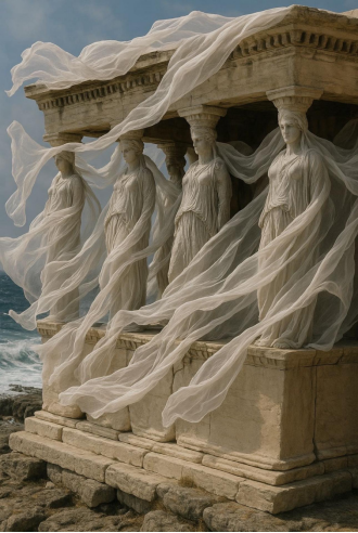 #Caryatiden, die im Wind fließen# Der Stil der Skulptur ist eng mit der alten griechischen Kunst verbunden